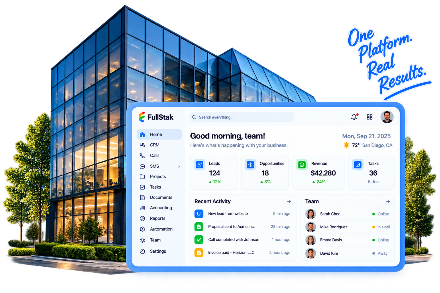 FullStak business dashboard over a modern glass office building