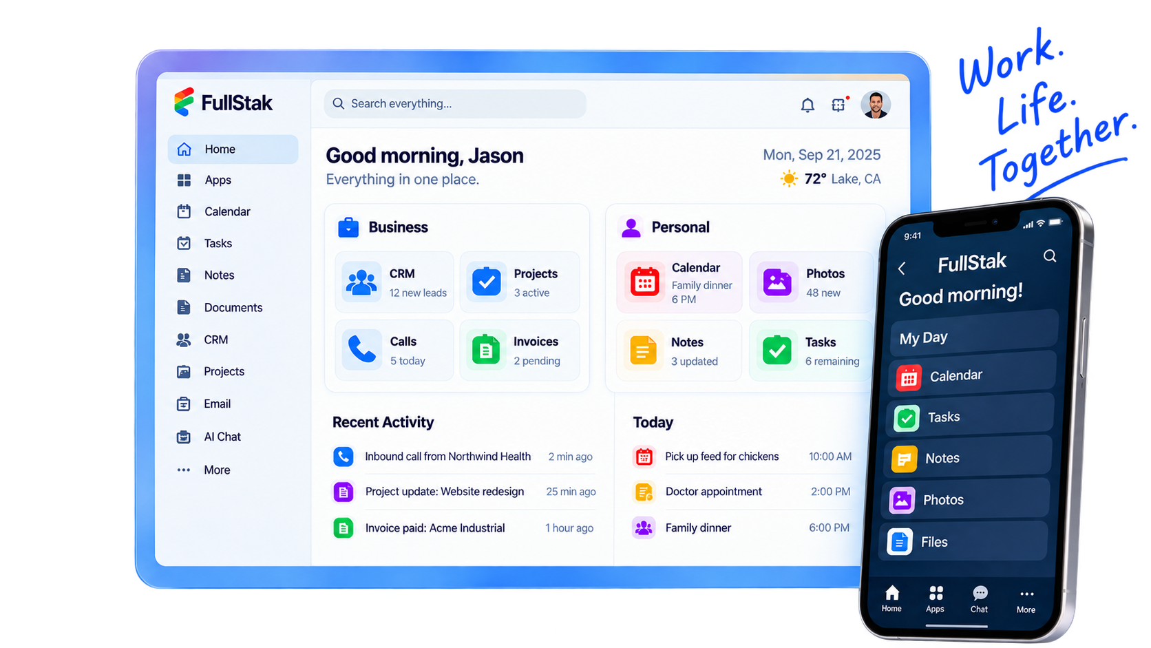 FullStak Mobile app on a phone beside a connected workspace dashboard.