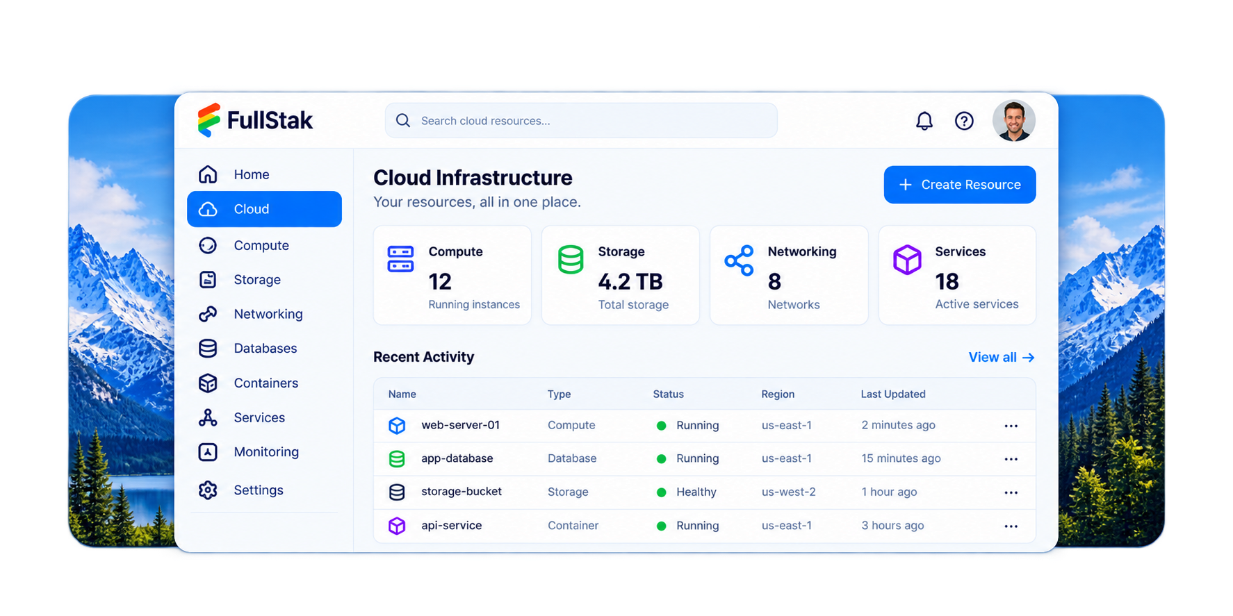 FullStak Cloud infrastructure workspace showing compute, storage, networking, and services.