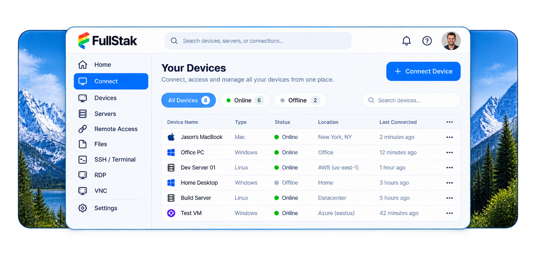 FullStak Connect workspace showing managed devices and their connection status.