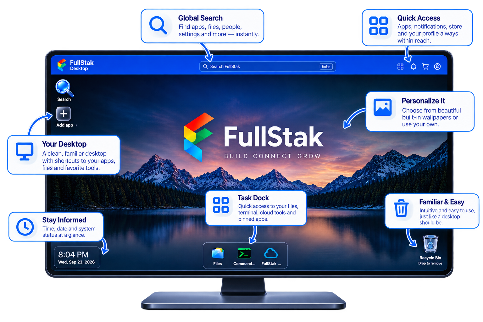 FullStak Desktop with cloud desktop tools, global search, app access, and connections.