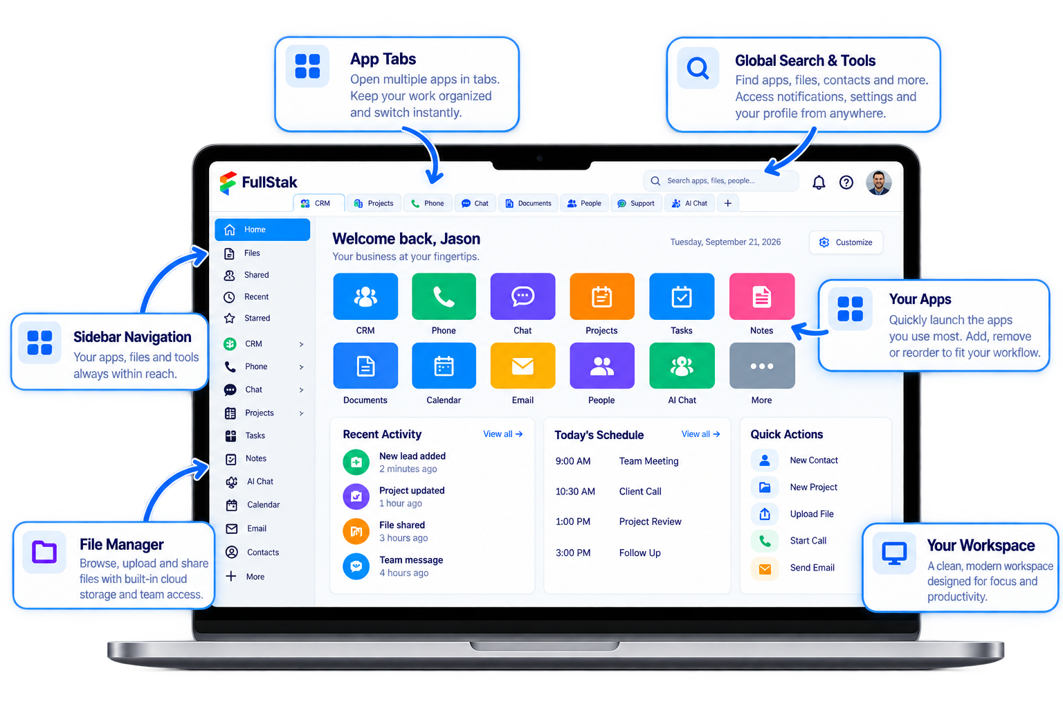FullStak Standard Workspace showing app tabs, navigation, files, and shared context.
