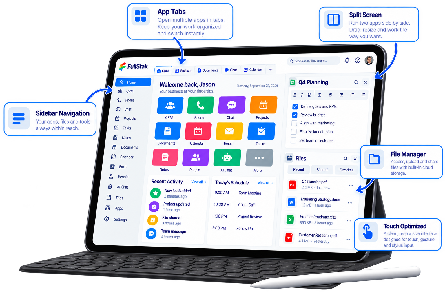 FullStak Tablet workspace with tabs, side navigation, planning, and file management.